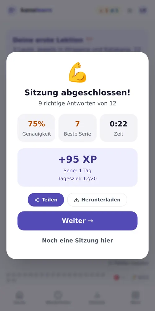 Ende einer Sitzung: 10 von 10 richtig, Genauigkeit, beste Serie, erhaltene XP