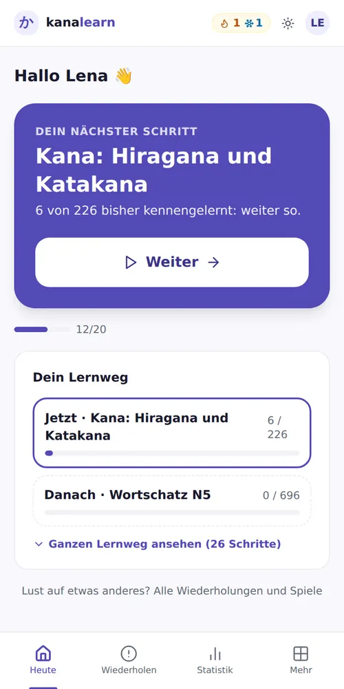 Seite Heute: der Weiter-Knopf, der aktuelle Schritt des Lernwegs und das Tagesziel