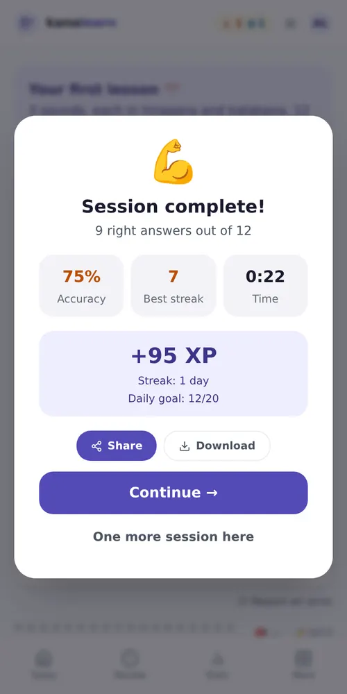 End of a session: 10 right answers out of 10, accuracy, best streak, XP earned