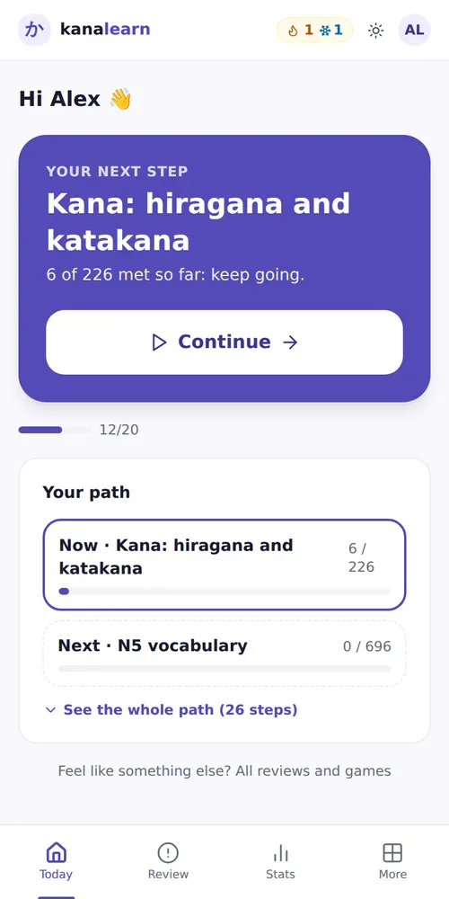 Today page: the Continue button, the current step of the path and the daily goal