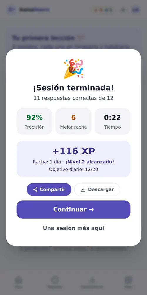 Final de una sesión: 10 respuestas correctas de 10, precisión, mejor racha, XP ganada