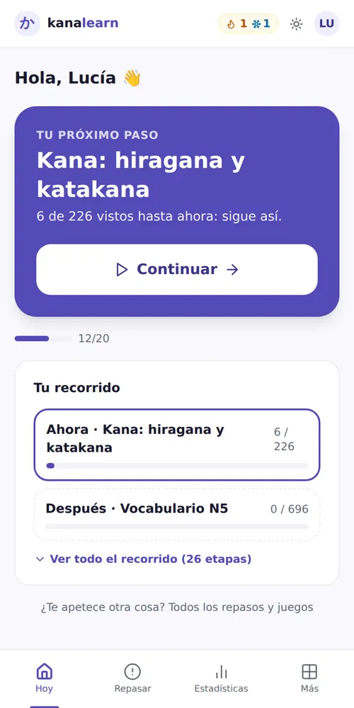 Página Hoy: el botón Continuar, la etapa actual del recorrido y el objetivo del día