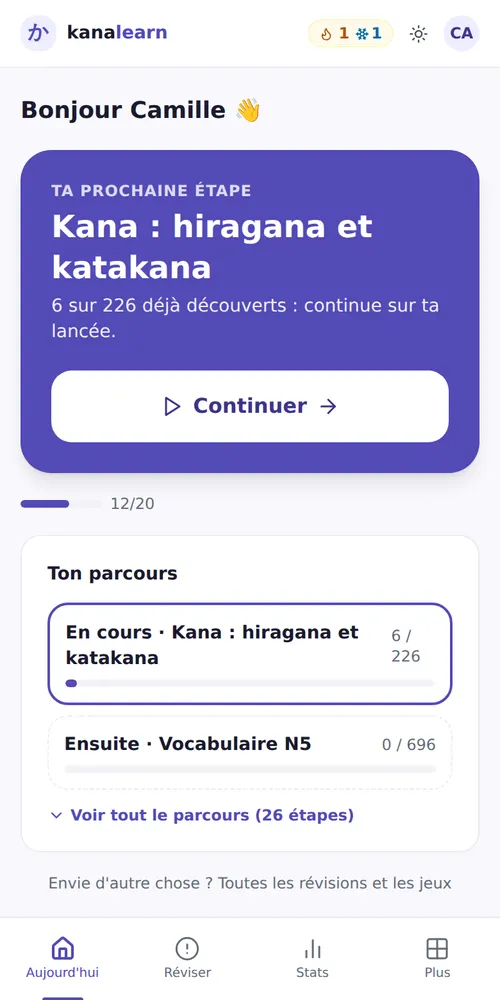 Page Aujourd'hui : le bouton Continuer, l'étape en cours du parcours et l'objectif du jour