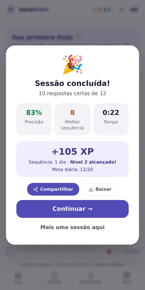 Fim de uma sessão: 10 respostas certas de 10, precisão, melhor sequência, XP ganho